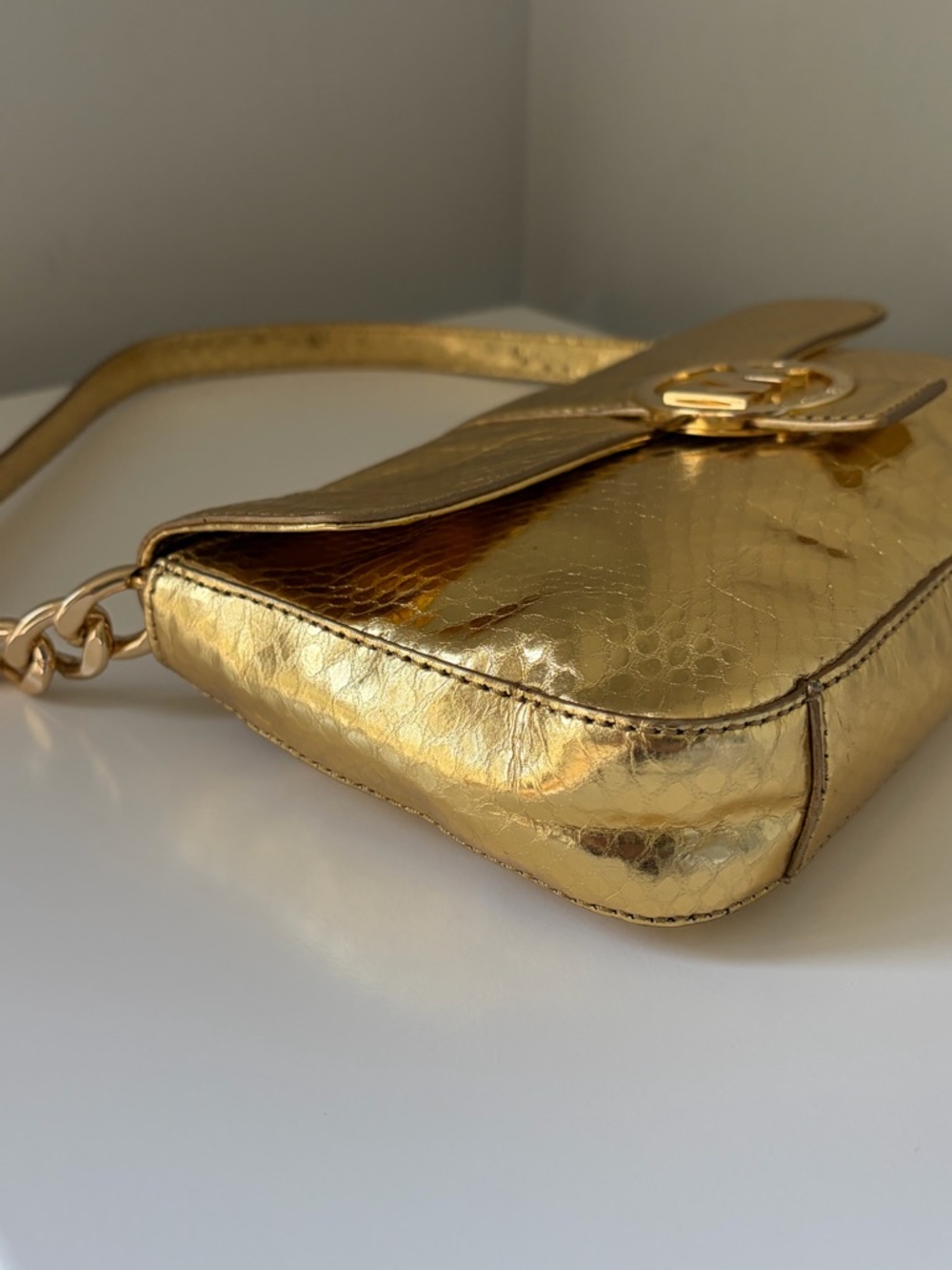 Michael Kors Metallic Gold Snake-Embossed Shoulder Bag with Charm - Picture 9 of 12